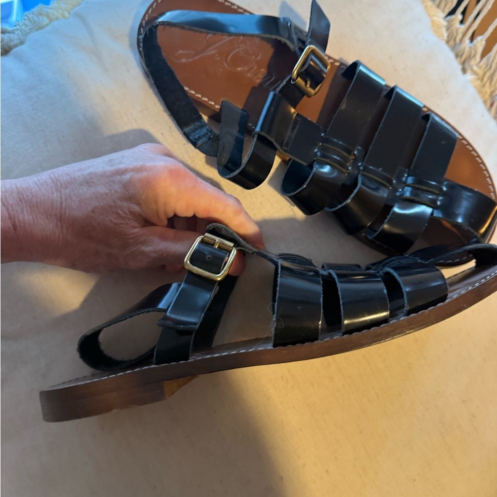 J. Crew Black Patent Leather Fisherman Sandals with Buckle - Size 9